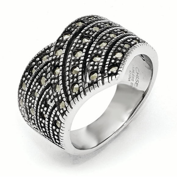 Stainless Steel Polished and Antiqued Marcasite Ring Size 6