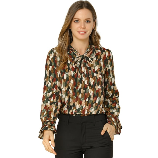 Blusa con cuello en V y lazo floral para mujer, camisa de manga larga con volantes y trompeta vintage, top ejercito verde XL