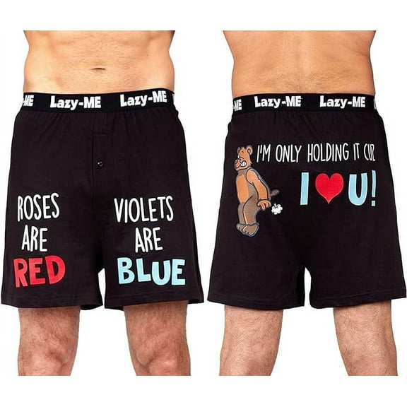 Lazy Me Men's Funny Novelty Boxer Shorts Humorous Underwear, Gag Gifts for Him, Roses & Violets, Size Small