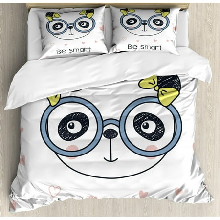 Duvets For Girls Geek Duvet Cover Set, Hand-Drawn Doodle Panda Girl Wearing Glasses on White Background with Heart Shapes, Decorative Bedding Set with Pillow Shams, Multicolor, by Ambesonne ()