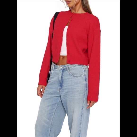 Suéteres Tipo Cárdigan Corto para Mujer, Suéteres de Larga con Botones, Cárdigan de Punto, Top Corto Y2K con Abertura Frontal. Rojo M