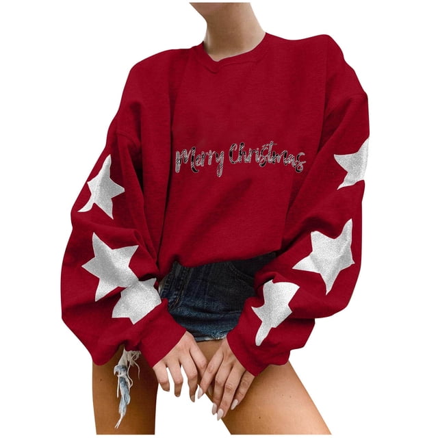 Pisexur Chandails en Molleton de Noël pour Femmes Manches Longues Col Rond Mode Étoiles Imprimé Vacances Chandail Décontracté Ample Automne