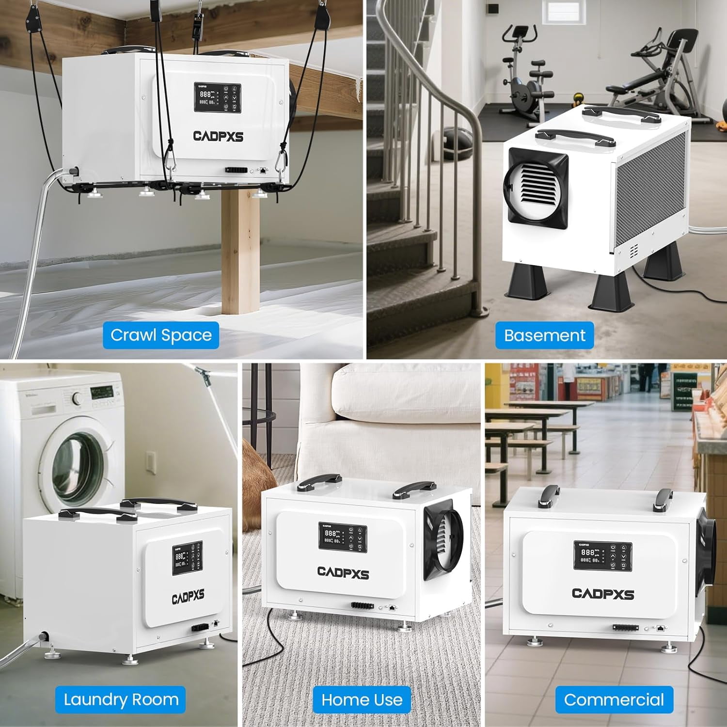 CADPXS Crawl Space Dehumidifier, 125 Pints Commercial Dehumidifiers with Drain Hose, Dehumidifier for Crawlspace, Basements & Water Damage Use, Auto Defrost & Memory Restart, cETL Listed