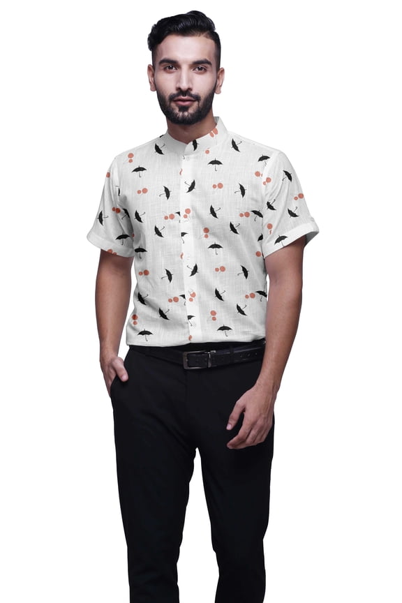 Printed Mens Short Sleeve Button Down Slim Fit Cotton Casual Shirt