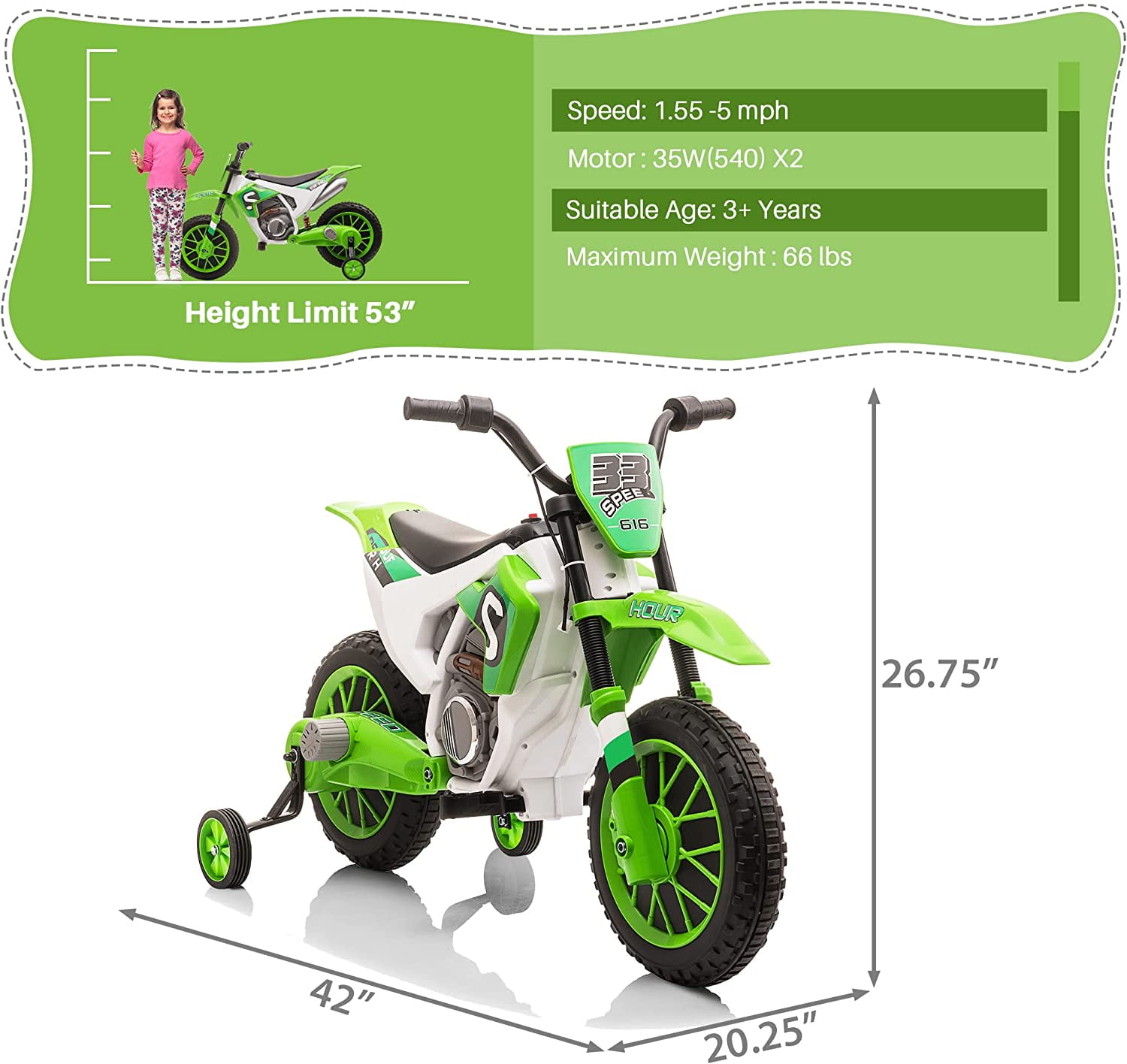 TOBBI 12V Electric Motorcycle for Kids Dirt Bike Ride on Toy Battery Powered Off-Road Motorbike w/ 2 Speeds, 35W Dual Motors, Training Wheels, Green