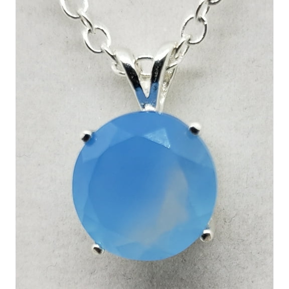 Natural Round Blue Chalcedony Sterling Silver Necklace