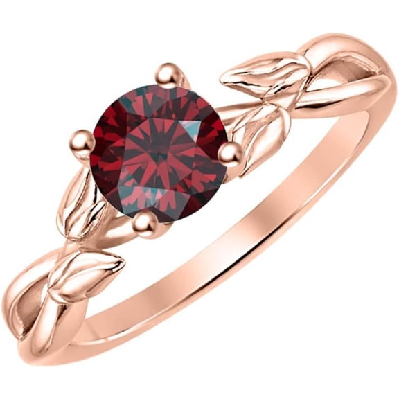 925 Sterling Silver 14K Rose Gold Finish Round Cut Red Garnet Leaf Solitaire Engagement Ring For Womens