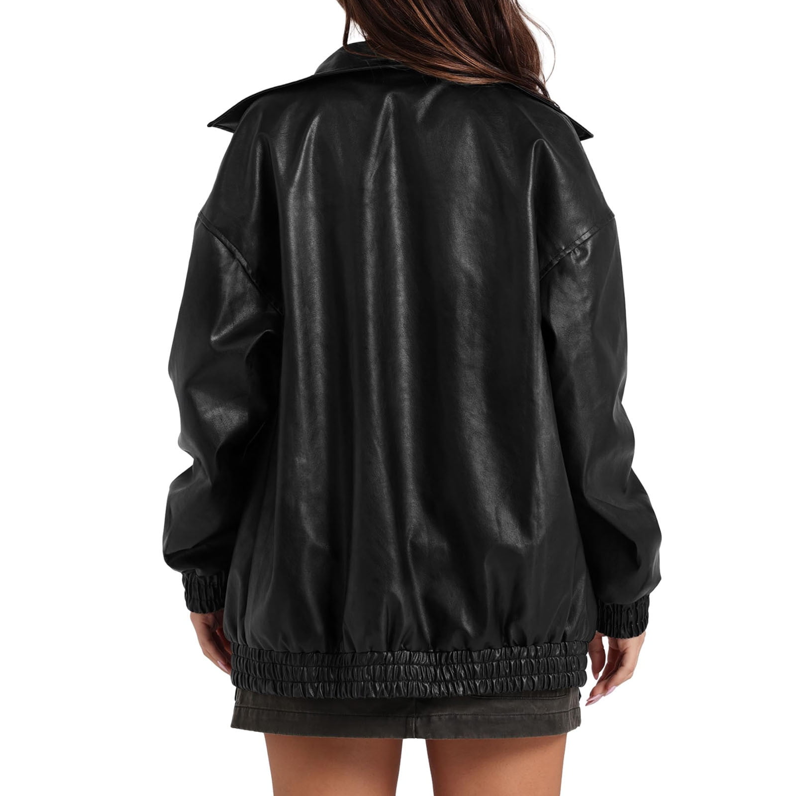 Akafmk Womens Faux Leather Jackets,Plus Size Motorcycle Jacket,Women's Solid Flip Collar Fall and Winter Long Sleeve Fashion Leather Jacket Coat Fall Winter Loose Windbreaker Jacket Outerwear