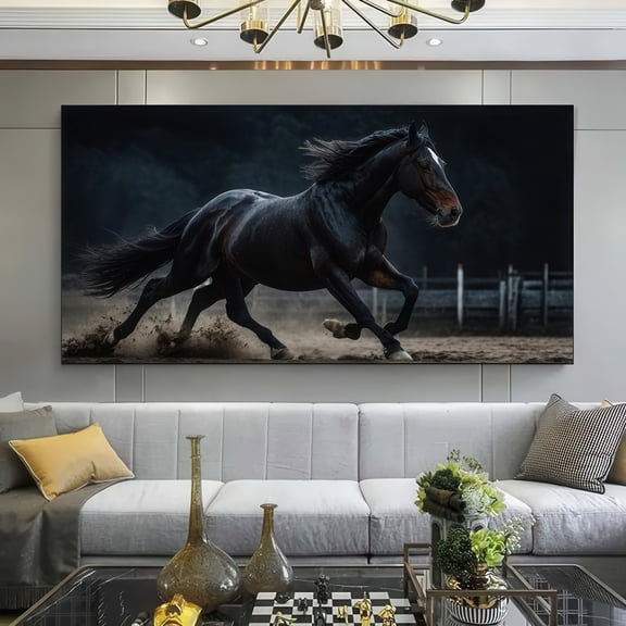 Framed Canvas Wall Art of Running Black Horse 48x24 Inch Modern Home Decor for Living Room Bedroom Office