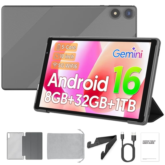 PUTECCH Android 16 Tablet 10 inch Tablets,1280 x 800 IPS, 3GB 32GB (up to 1TB),Penta-core,5G WiFi 6,6000mAh,with Case & Stand & Storage Bag - Grey