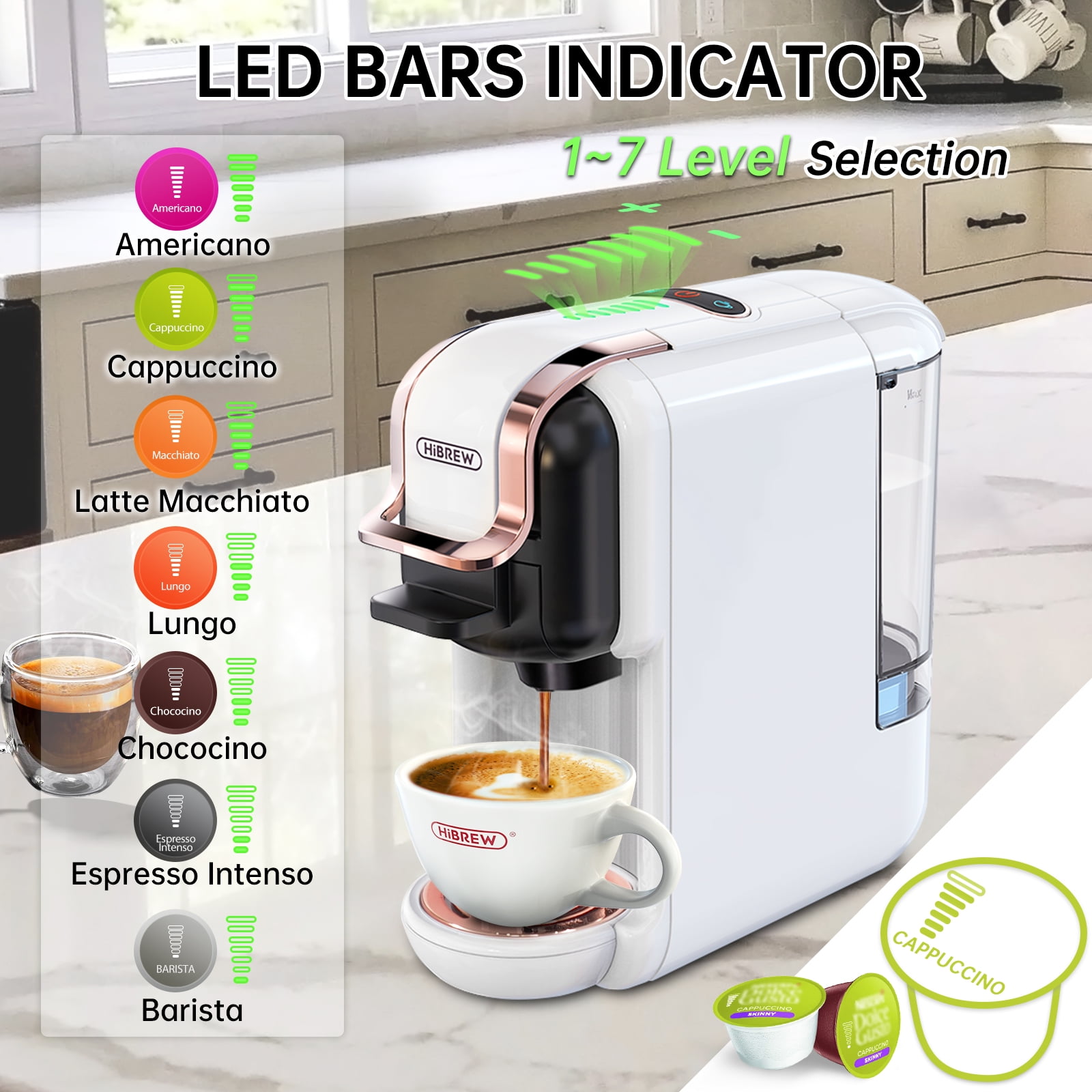 HiBREW 5-in-1 Expresso Machines for Home, Compact Coffee Machine for Pods, Capsules & Espresso Powder H2B