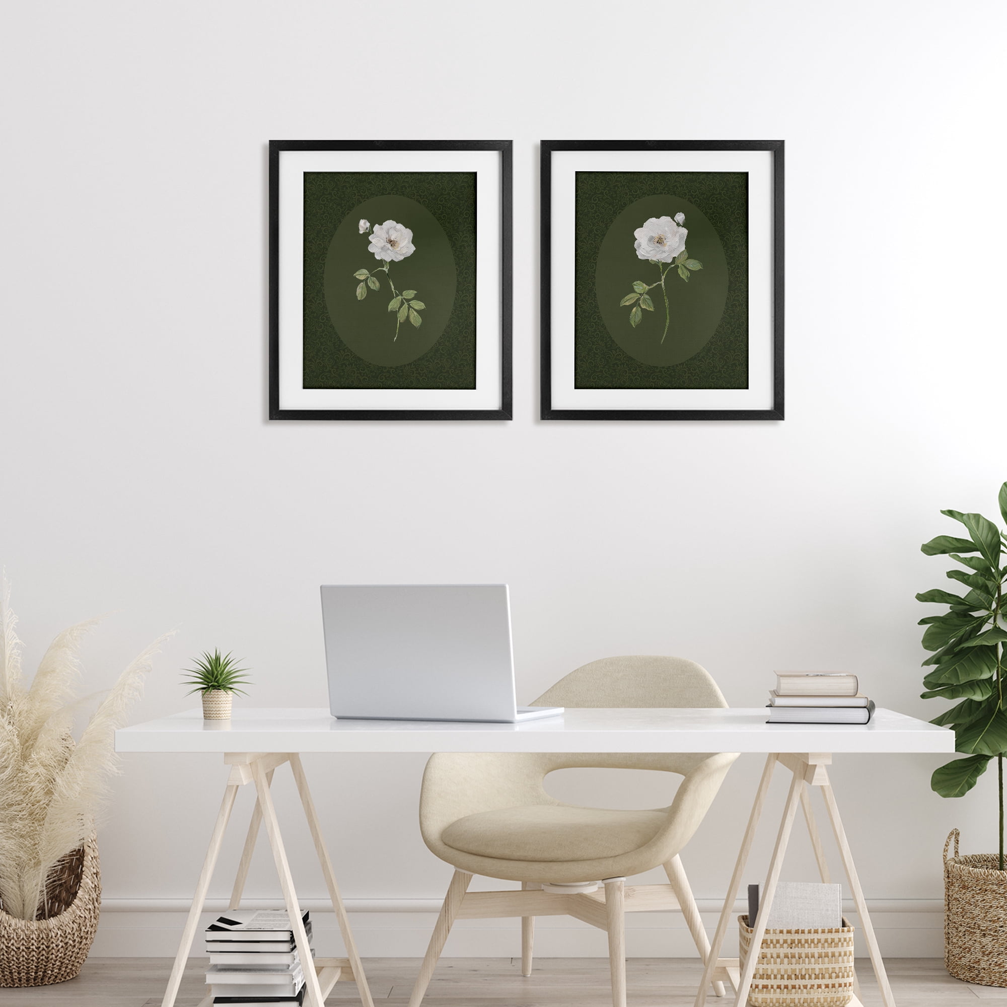 Stupell Industries Ornate Rose Studies over Emerald 2 Piece Black Framed Print Under Glass Set, design by Sally Swatland