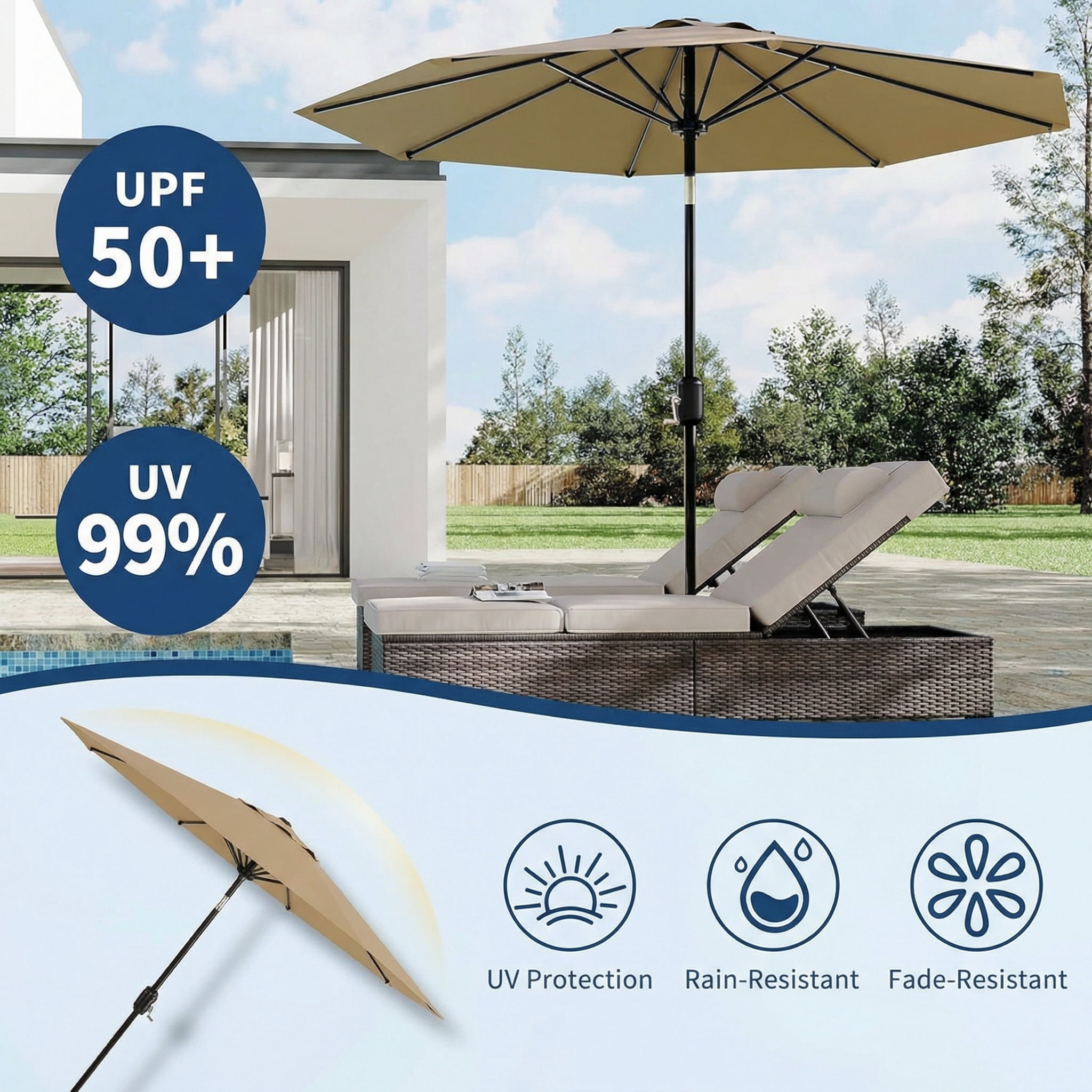 10 ft Patio Umbrella,8 Ribs Outdoor Market Table Umbrella with Crank Lift Push Button Tilt,Tan