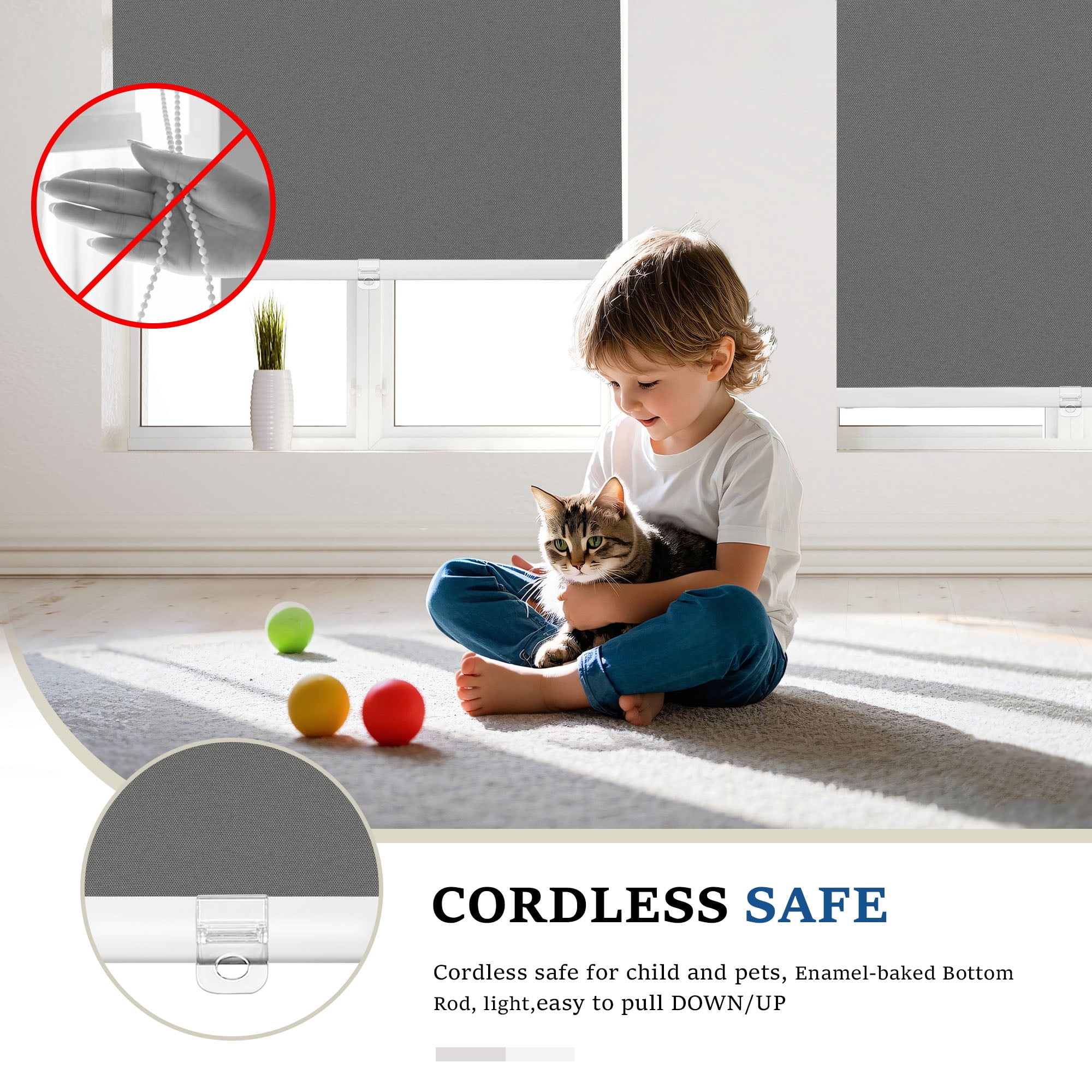 Grandekor Cordless Roller Shades for Windows, Blackout Blinds Room Darkening Pull Down Shades with Free-Stop System, Thermal Insulated UV Protection for Home Office 27x72" Dark Gray