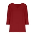 thumbnail image 4 of thefmos Women's Fall Winter V Neck 3/4 Sleeve Solid Basic Casual Pullover Tops Loose Long Sleeve Tee Shirts Cozy Layering Blouses For Daily Wear, Wine 2XL, 4 of 6