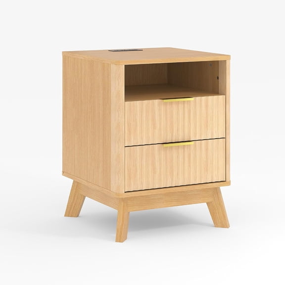 18" Fluted Nightstand with Charging Station, Curved Bedside Table with 2 Drawers and USB Ports, Modern Side Table for Bedroom, Oak