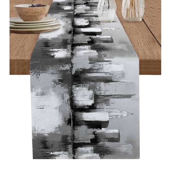 Grey Oil Painting Table Runner 70 Inches, Modernism Minimalist City Bed Runner Dresser Scarves Tabletop for Indoor Outdoor Parties/Ceremony/Banquet, 13" x 70"