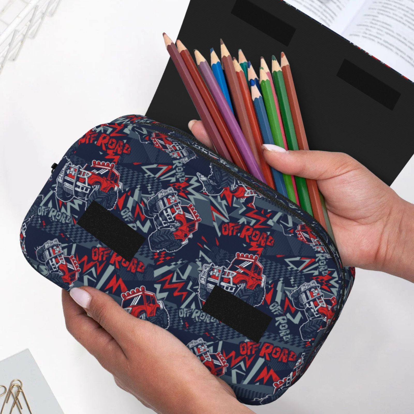 Rateoe Cool Red Off-Road Vehicle Pattern Double Clamshell Pen Case, Storage Organizer with Two Zipper Compartments– Holds Up to 50 Pencils & Pens