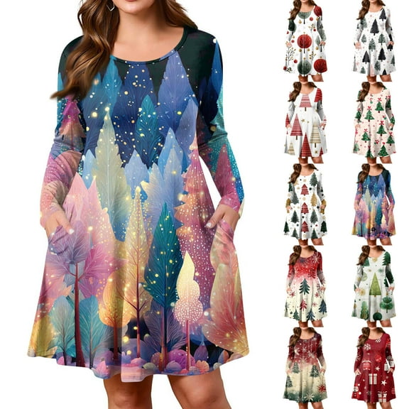 Christmas Dresses for Women Plus Size Women's Gradient Print Casual Spring/Autumn Pocket Round Neck Long Sleeve Dress with Vintage Christmas Print for Holiday Wear,Blue,2XL