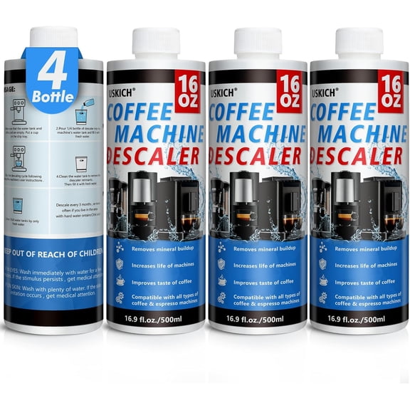 4 Pack Coffee Machine Descaler Cleaner -16 Uses,Descaling Solution for Nespresso Breville Keurig Jura &Delonghi - Coffee Machine Cleaners For All Coffee Makers & Espresso Machines,Glass Pot Cleaner