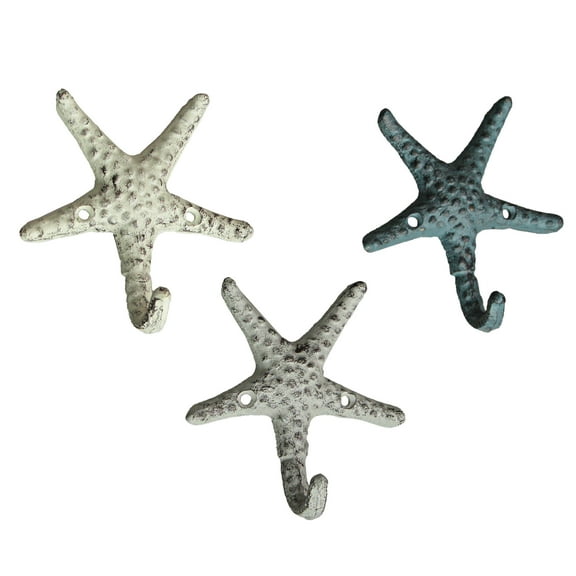 Zeckos Cast Iron Nautical Starfish Decorative Wall Hooks Set of 3