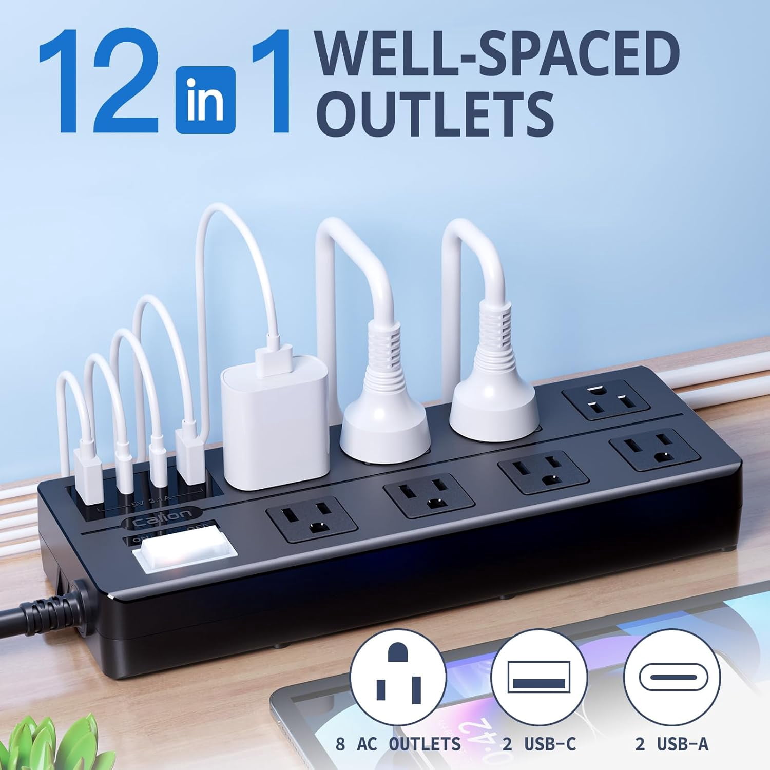 Outdoor Power Strip Weatherproof, Waterproof Surge Protector with 8 Wide Outlet with 4 USB Ports, 10FT Extension Cord, 1875W Overload Protection, Outlet Extender for Patio, Outdoor Decorations