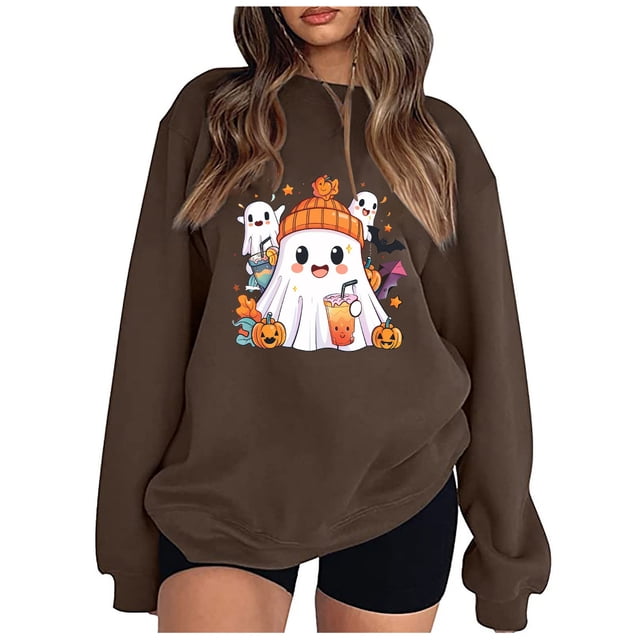 Pisexur Chandail d'Halloween pour Femmes en Molleton Orange Chandail à Manches Longues Col Rond Chandails de Mode avec Motif Citrouille Chandails à Capuche d'Halloween Hauts à Enfiler