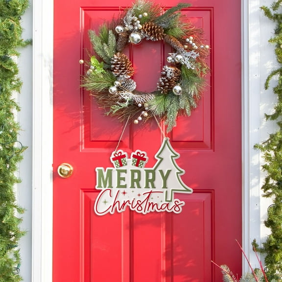 Metal Merry Christmas Door Sign, Christmas Wall Hanging Front Door Decor, Holiday Xmas Plaques Decorative Signage Outdoor Indoor Decorations For Home