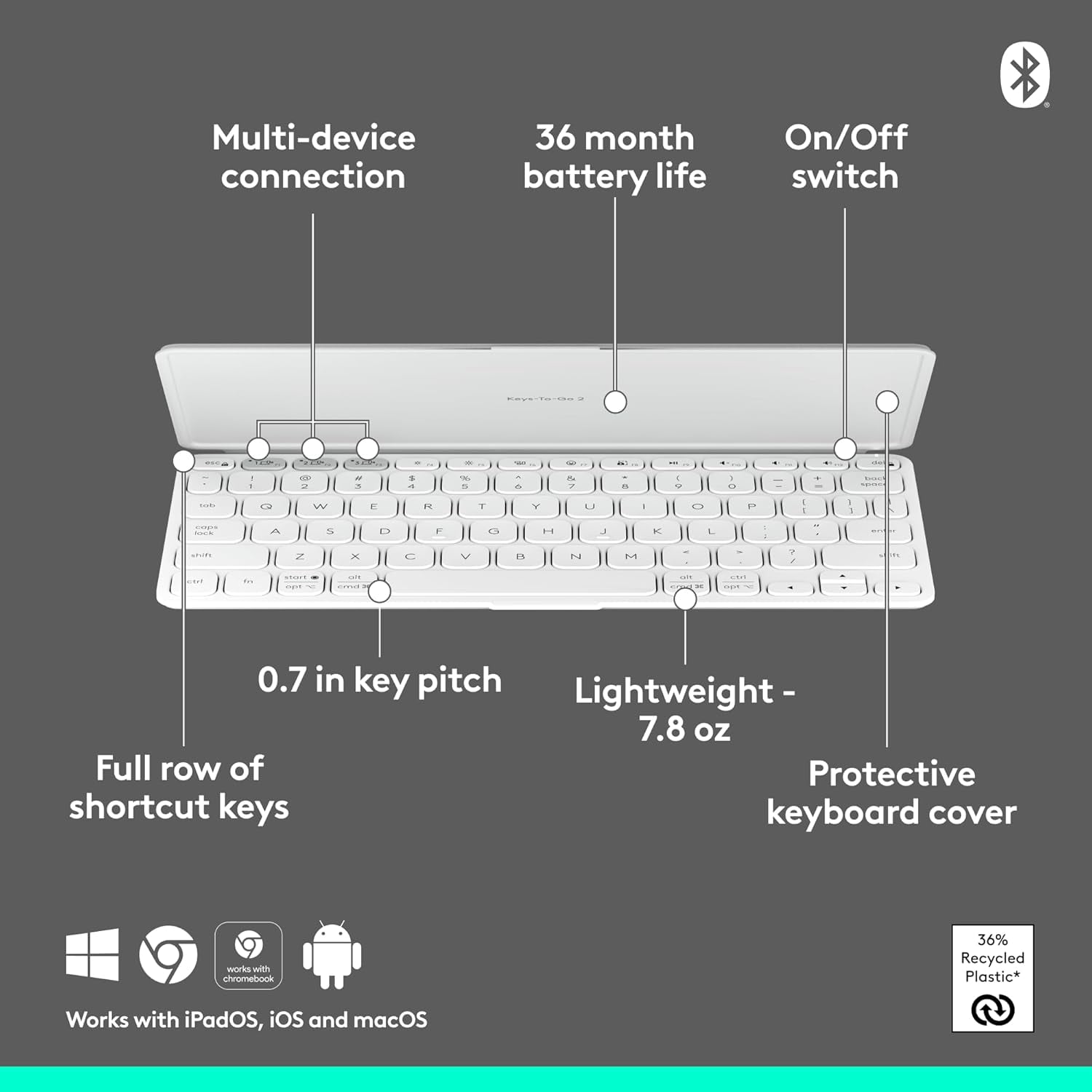 Restored Logitech Keys-to-Go 2 Portable Bluetooth Keyboard for Tablet with Built-in Cover (Refurbished)