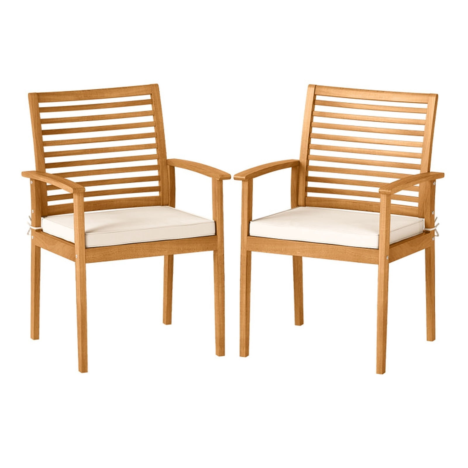 Furnibear Outdoor Patio Dining Chairs Set of 2 Acacia Wood Conversation Chairs with Removable Padded Cushion and Slatted Backrest, Beige