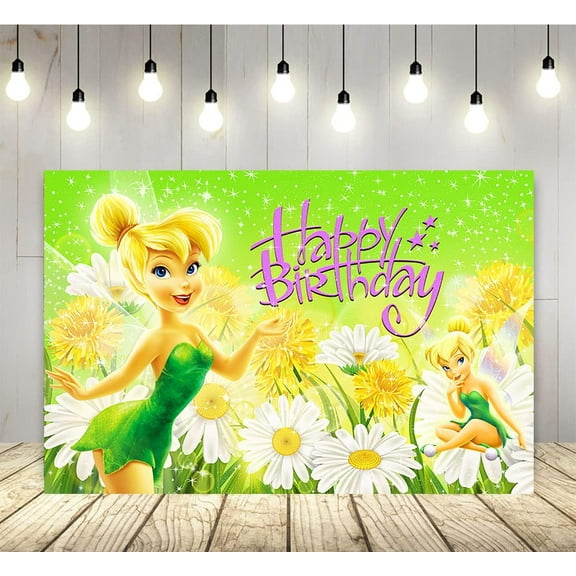 Tinkerbell Backdrop for Birthday Party Supplies 5x3ft Fairy Photo Background for Tinker Bell Theme Party Cake Table Decorations Baby Shower Banner Green