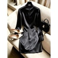 thumbnail image 2 of Women Satin Lace Patchwork Long Sleeve Mini Dress Cowl Neck Ruched Bodycon Dress for Party Evening, 2 of 5