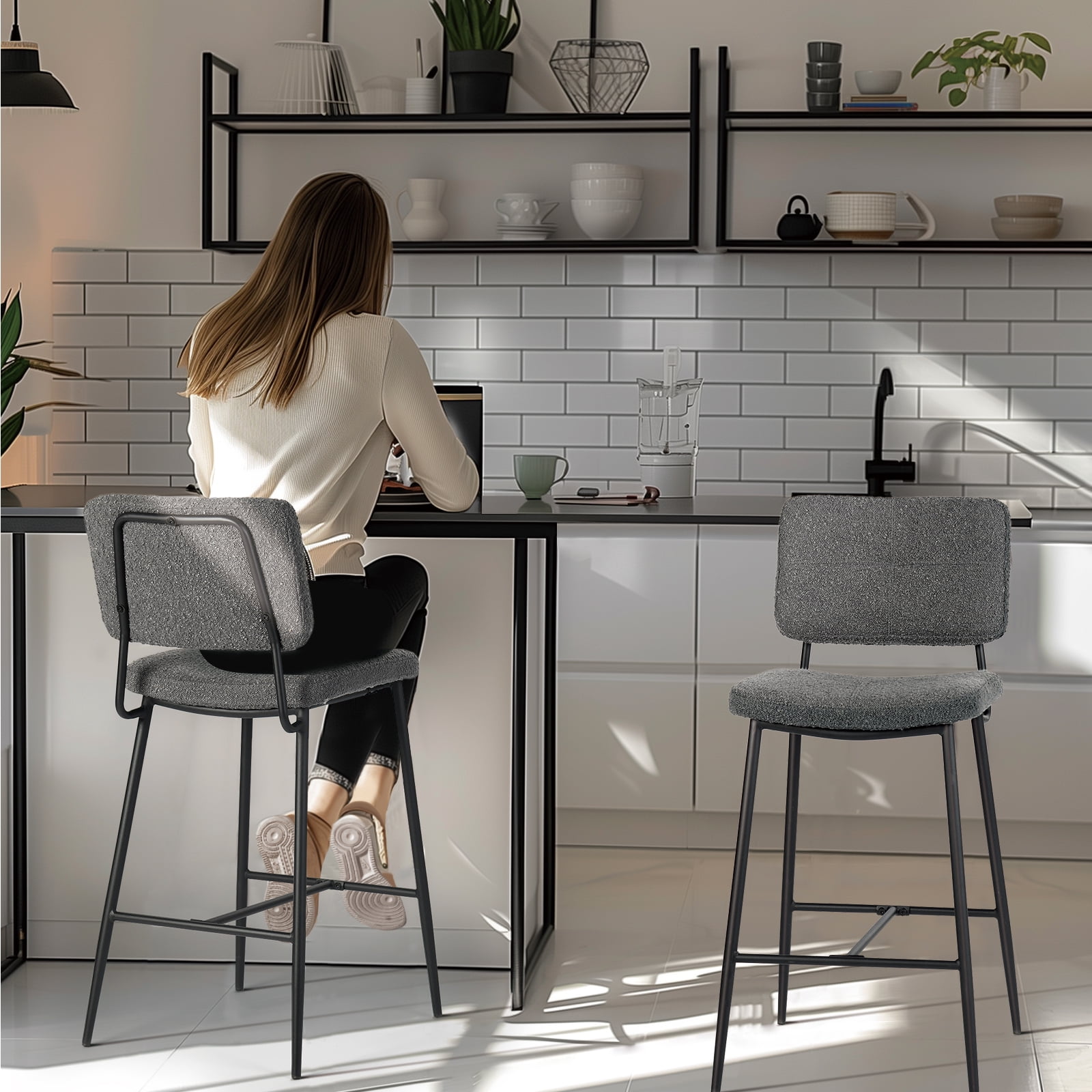 Homy Casa 27 inch Bar Stools Set of 2, Modern Counter Height Bar Stools, with Back and Metal Leg for Kitchen Island Pub Living Room, Grey