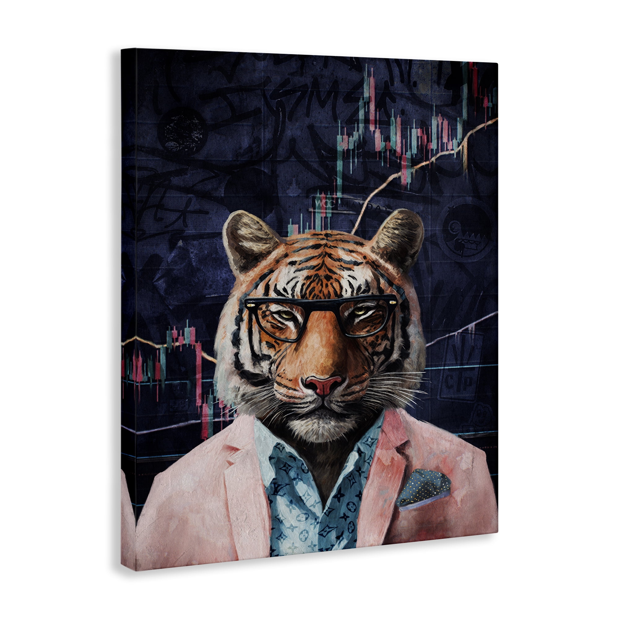Stupell Industries Trendy Tiger on Abstract Animals Painting Wrapped Canvas Art Print Wall Art, 16 x 20