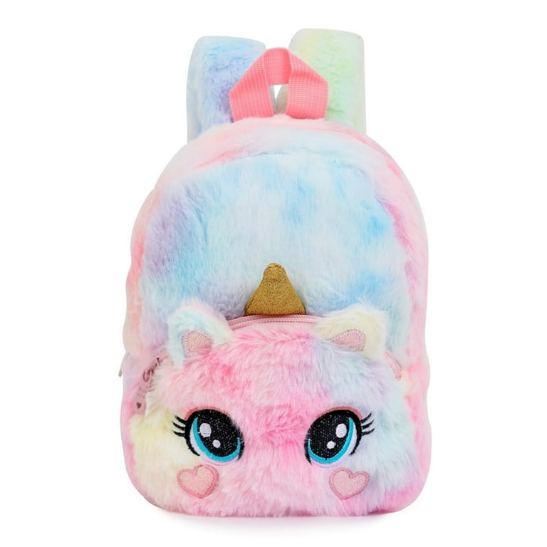 Feira De Vaidade Girls Fluffy Unicorn Backpack Plush School Rucksack Zipper Bags Lovely Unicorn Plush Big Eyes Backpack