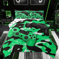 Feelyou Green Game Controller Queen Comforter Set, Fashion Camo Abstract Bedding Sets, Cartoon Gamepad Theme Reversible Bedding Comforter Set, Luxury Bedroom Decor, 3-Piece
