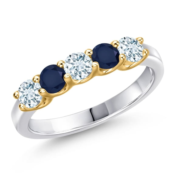 Gem Stone King 925 Silver and 10K Yellow Gold Sky Blue Aquamarine and Blue Sapphire Wedding-Bands Ring for Women | 0.95 Cttw | Round 3.5MM | Gemstone March Birthstone | Size 8