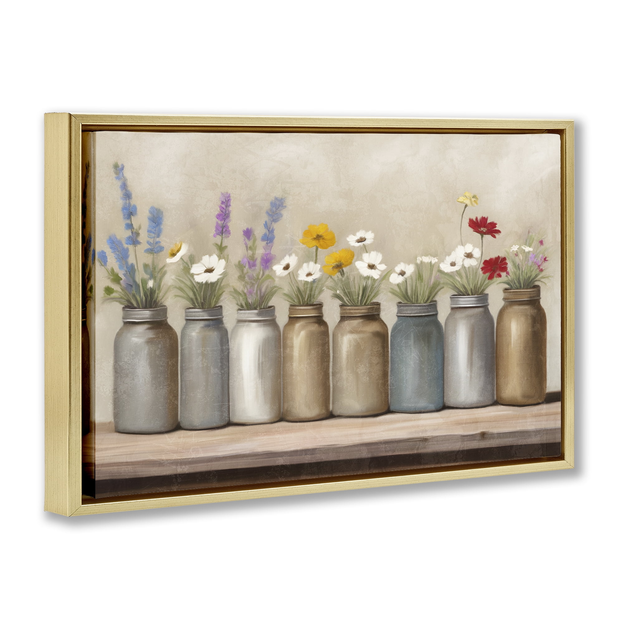 Stupell Industries Jars with Wildflowers Plants & Flowers Painting Gold Floater Framed Canvas Art Print Wall Art, 31 x 21