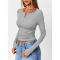 thumbnail image 4 of Women'S Long Sleeve Shirts Henley Casual Fall Outfits Fitted Tops Ribbed Fashion Basic Tees Gray L, 4 of 8