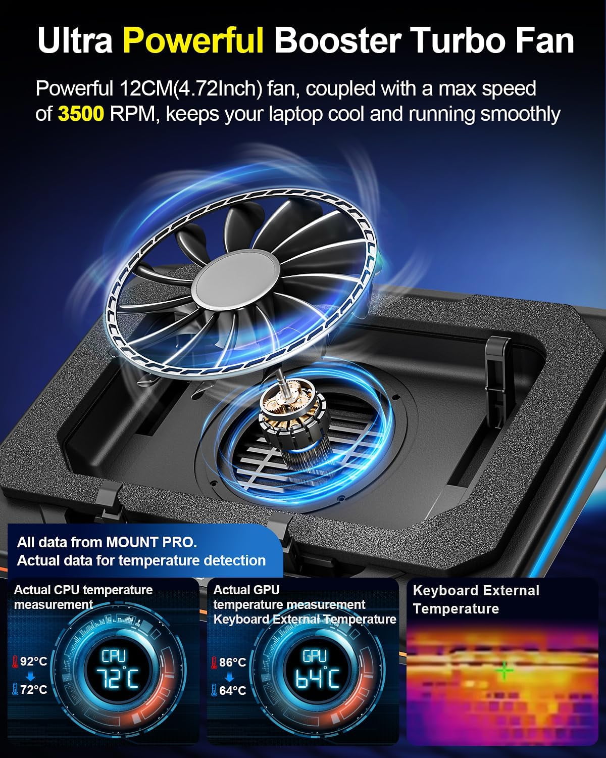 Gaming Laptop Cooling Pad, RGB Cooler Stand with Powerful Turbofan (3500 RPM), Height Adjustable Fan Pad for 13-19 Inches Notebook, Sealed Foam, Touch Control