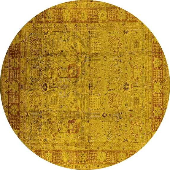 Ahgly Company Machine Washable Indoor Round Oriental Yellow Industrial Area Rugs, 7' Round