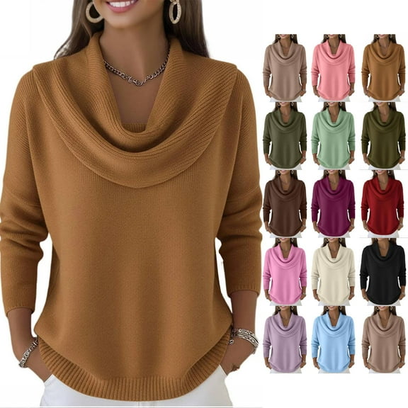 Cyglowse Oversized Cowl Neck Sweater for Women 2024 Soft Knit Long Sleeve Casual Pullover Winter Top Brown L