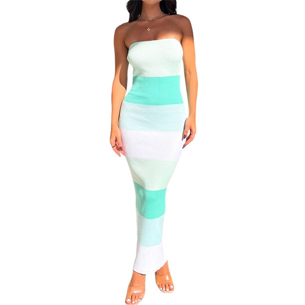 Lucakuins Mujer Bodycon Maxi Vestido Largo, Verano Sin Mangas Bandeau Contraste Color Acanalado Vestido de Punto Lucakuins moda