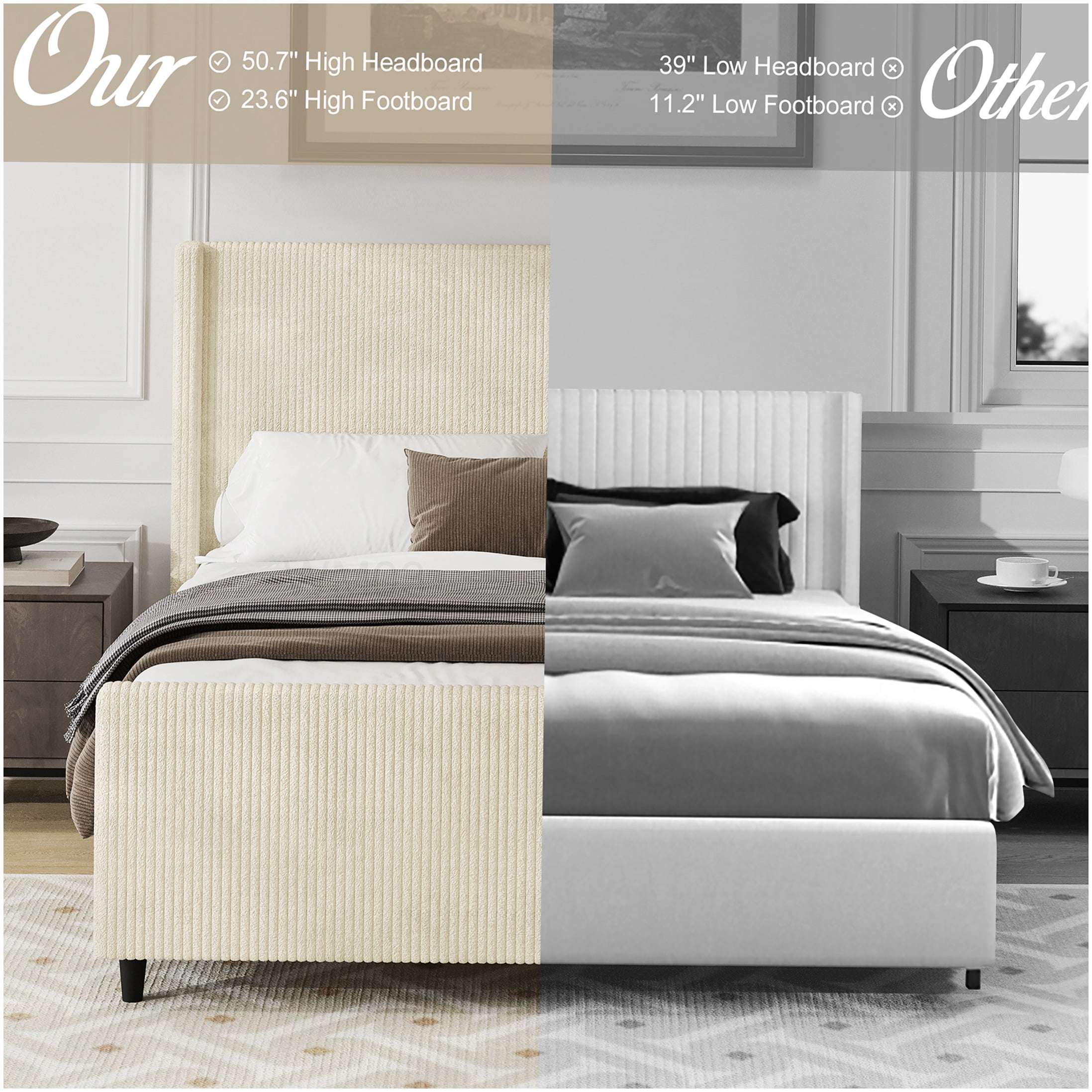 Modern Cream Corduroy Upholstered Queen Bed, Wingback Headboard Platform Frame with Storage Space