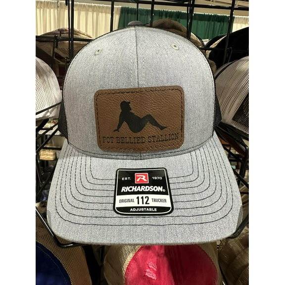 Pot Bellied Stallion Men's Richardson 112 Trucker Hat, funny men's hat, leatherette patch, laser engraved hat, customizable, funny work hat