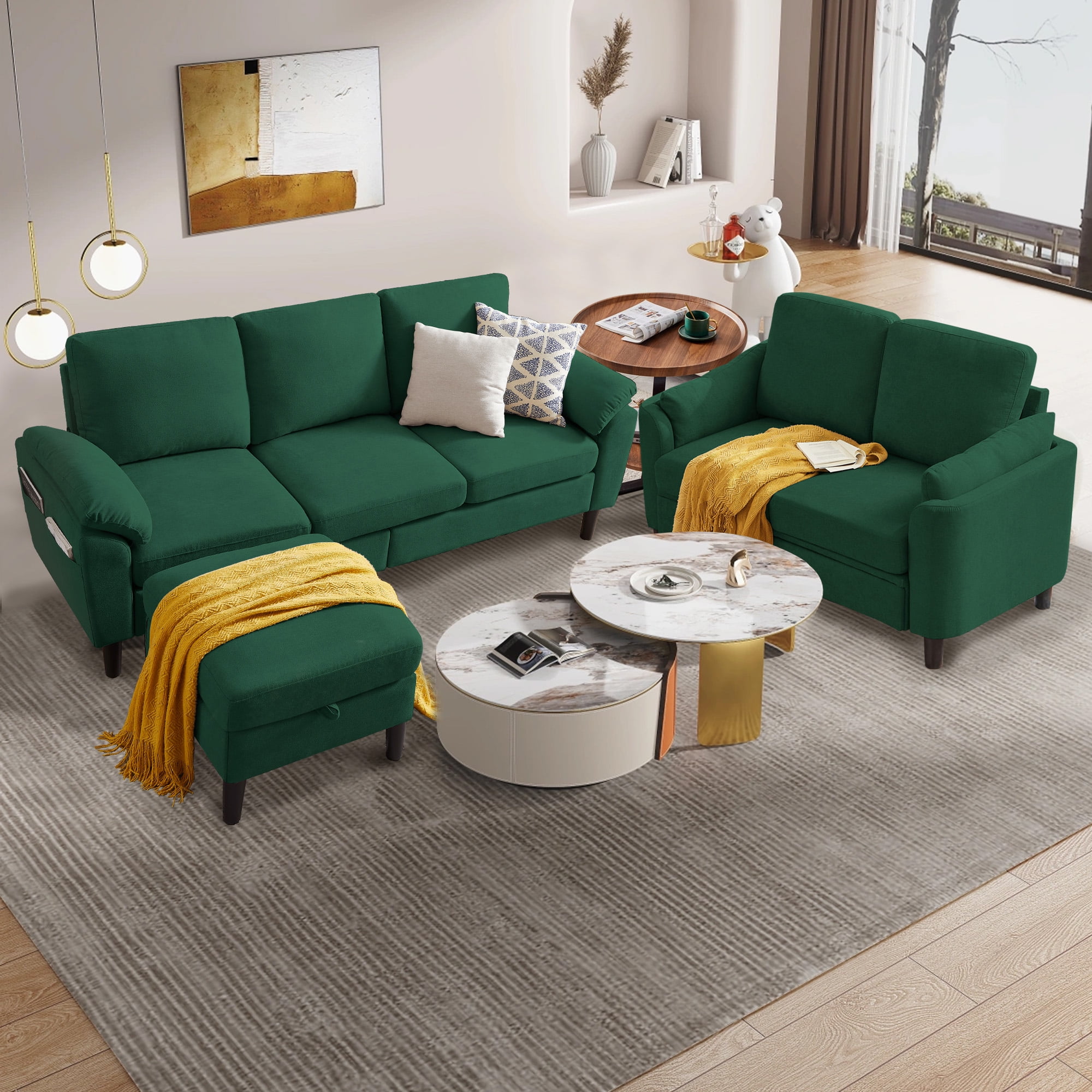 Pingliang Home Sectional Sofa Couch with Storage Ottoman and Loveseat,Modern 5 Seater Sofa Couch Set,L Shaped Couch with Footstool for Living Room Apartment Studio Office,Green