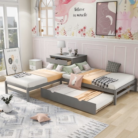 Kumji L Shape Bed  Twin and Full Platform Bed with Built-in Rectangle Table  2 Twin Platform Beds with Trundle and Storage Drawers Wood Corner Bed with Desk for Kids Teens  Gray
