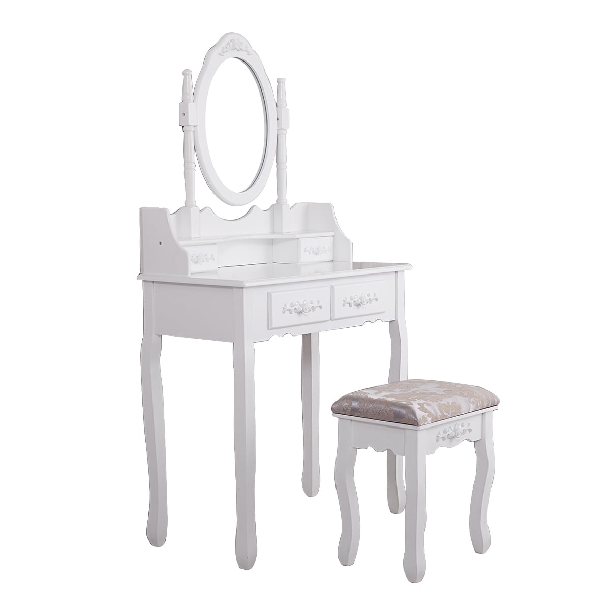 Lowestbest Vanity Table Set with Mirror, Cushioned Stool, 2 Drawers, White