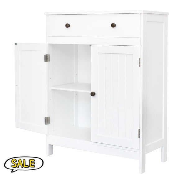 Hassch Bathroom Floor Storage Cabinet, Modern Freestanding Organizer Cabinet with Shelves & Double Doors for Entryway Laundry Room, 23.63"L x 11.82"W x 31.50"H, White