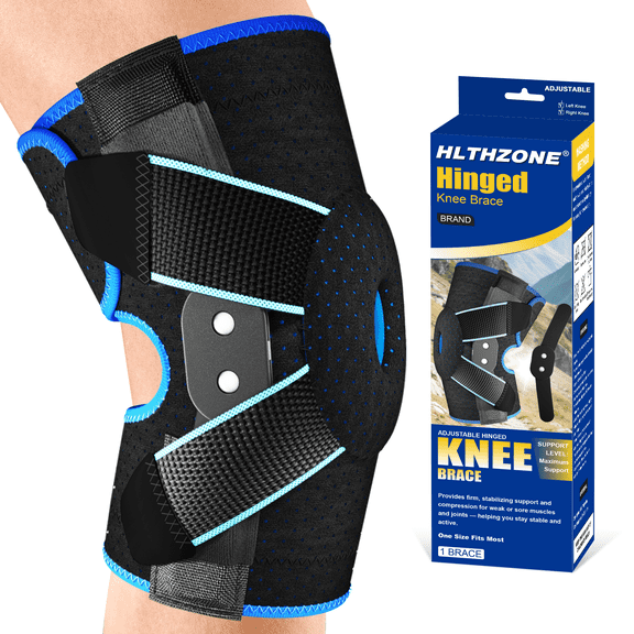 HLTHZONE Hinged Knee Brace with Side Stabilizers & Removable Hinges - Adjustable Knee Support for Meniscus Tear, Arthritis, ACL & Knee Pain, Black/Blue – One Size